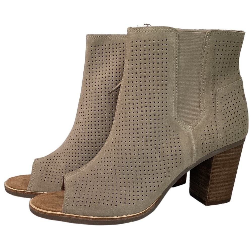 Toms Majorca Peep-Toe Ankle Booties Taupe 9W Zipper Comfort Block Heel
